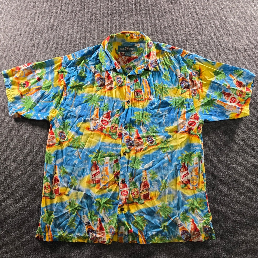 Big Dogs Mens Large Beer Bottle Tropical Rayon Button Down Shirt Blue Yellow L